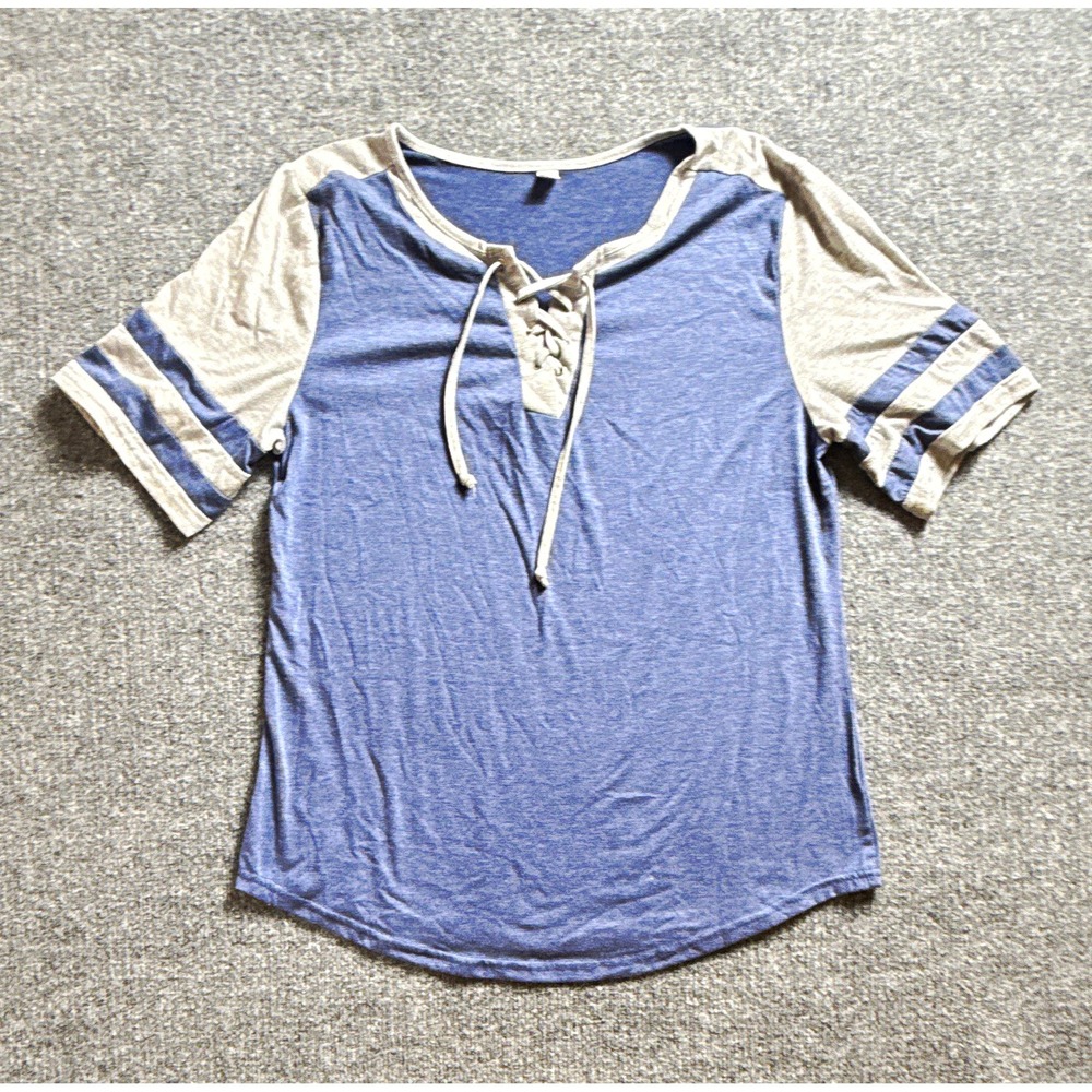 Womens Blue/Gray Colorblock Lace-Up V-Neck Short Sleeve Knit T-Shirt Size L